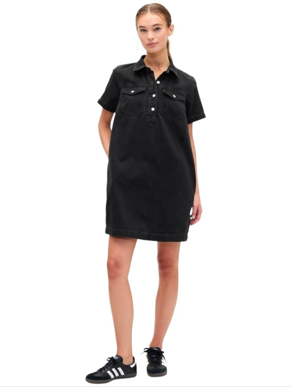 GAP Denim Shift Shirt Dress Black Wash Short Sleeve Double Pocket Small